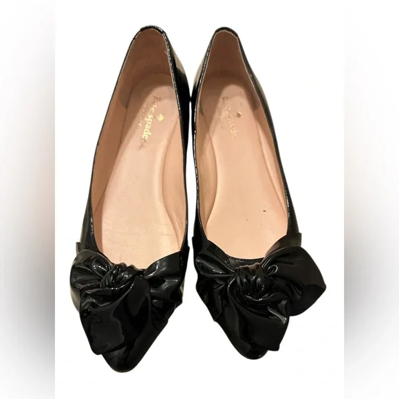 KATE SPADE Black Patent Leather ~ Size 8 ~ Women’s Slip On Flat Shoes With Bow - Picture 10 of 14